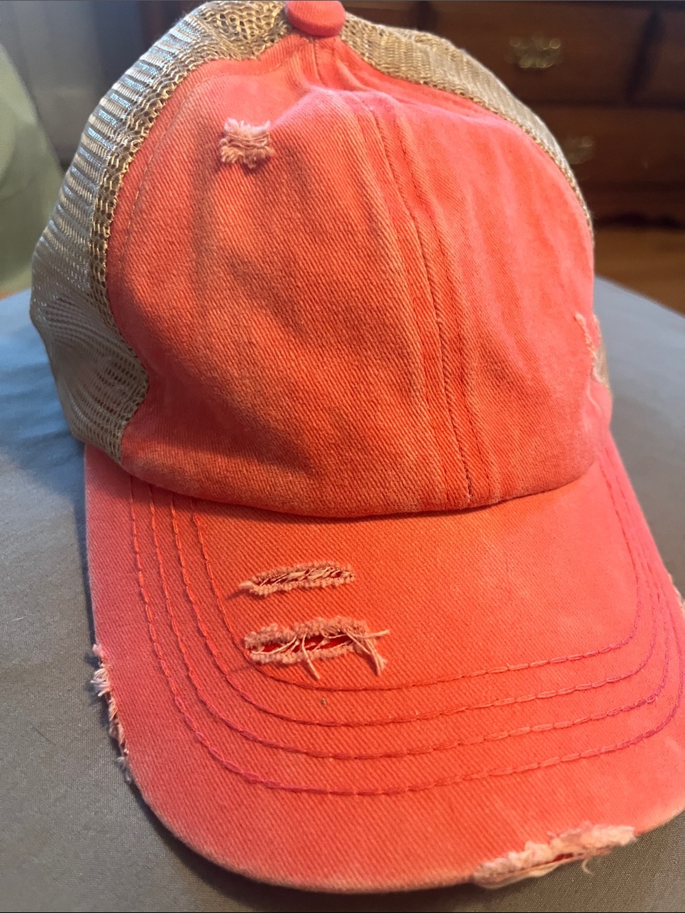 C.C Coral Pink Distressed Mesh Back Baseball Cap
